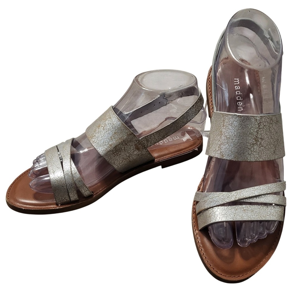 Madden Girl Benniee Silver Metallic Crackled Strappy Sandals Women's Size 6
